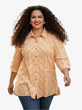 Penningtons Orange & White Striped 3/4 Tab Sleeve Blouse - Size 1X